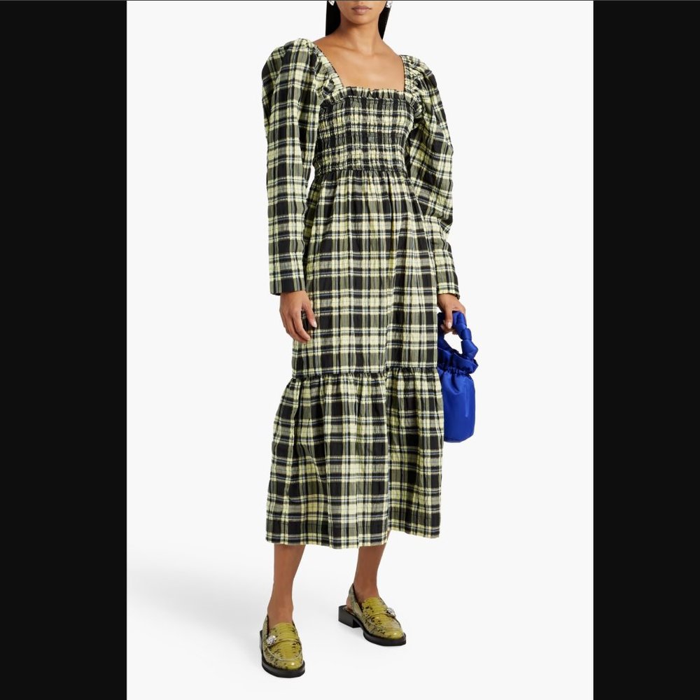 GANNI Shirred checked cotton-blend seersucker midi dress